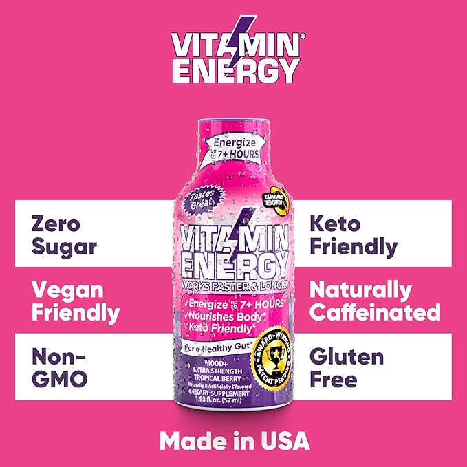 Mood Support Vitamin Energy Drink - Sugar Free, Keto/Vegan Friendly Shots | Mood Balancing with Rhodiola and Chamomile | Energize up to 7+ Hours | Tropical Berry - 1.93 Fl Oz - Pack Of 24