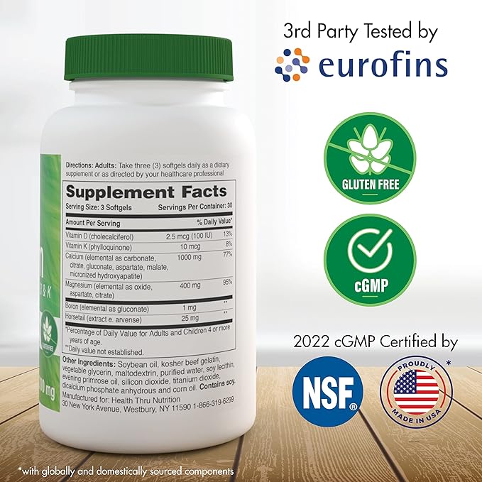 Health Thru Nutrition Calcium 1000mg and Magnesium 400mg with Vitamin D3 & K (90 Softgels)