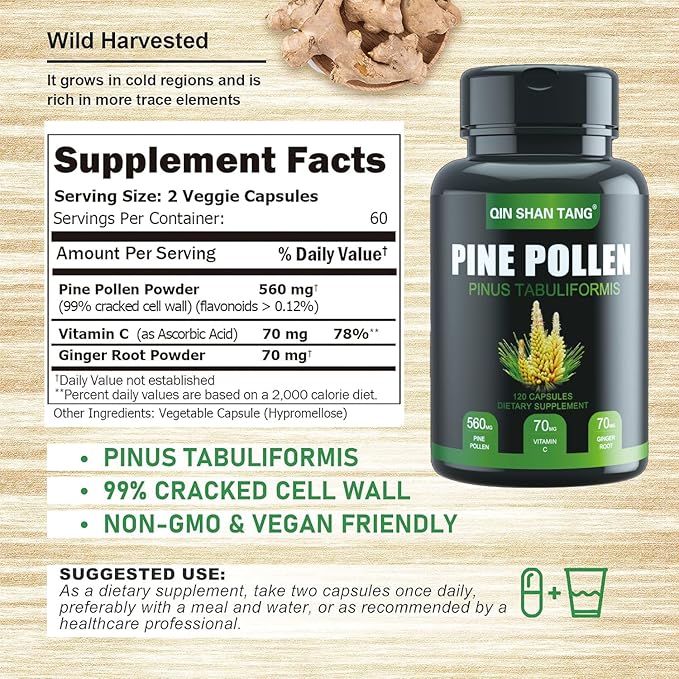 Pine Pollen Supplement wtih Ginger Root and Vitamin C, 99% Cracked Cell Wall,120 Veggie Capsules，Focus＆Immune Improve