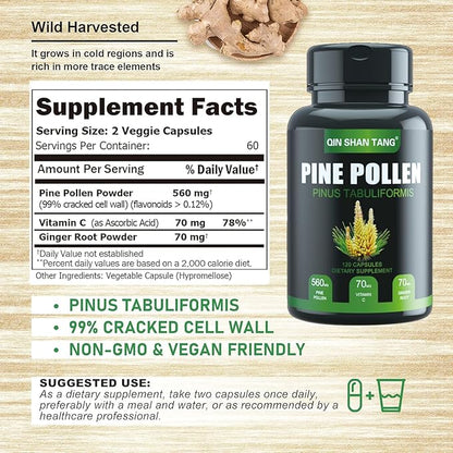 Pine Pollen Supplement wtih Ginger Root and Vitamin C, 99% Cracked Cell Wall,120 Veggie Capsules，Focus＆Immune Improve