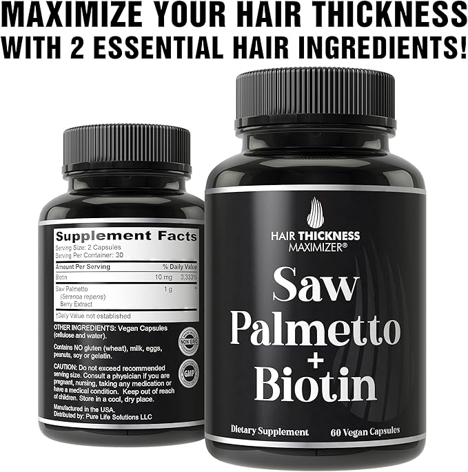 Saw Palmetto + Biotin Advanced 2-in-1 Combo for Hair Growth. Vegan Capsules Supplement with Natural Saw Palmetto Extract + 10000mcg Biotin. Hair Loss and Regrowth Pills for Men and Women. DHT Blocker