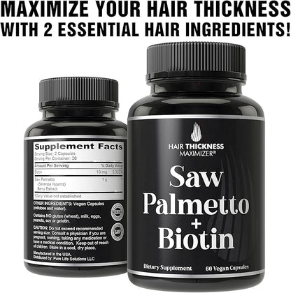 Saw Palmetto + Biotin Advanced 2-in-1 Combo for Hair Growth. Vegan Capsules Supplement with Natural Saw Palmetto Extract + 10000mcg Biotin. Hair Loss and Regrowth Pills for Men and Women. DHT Blocker