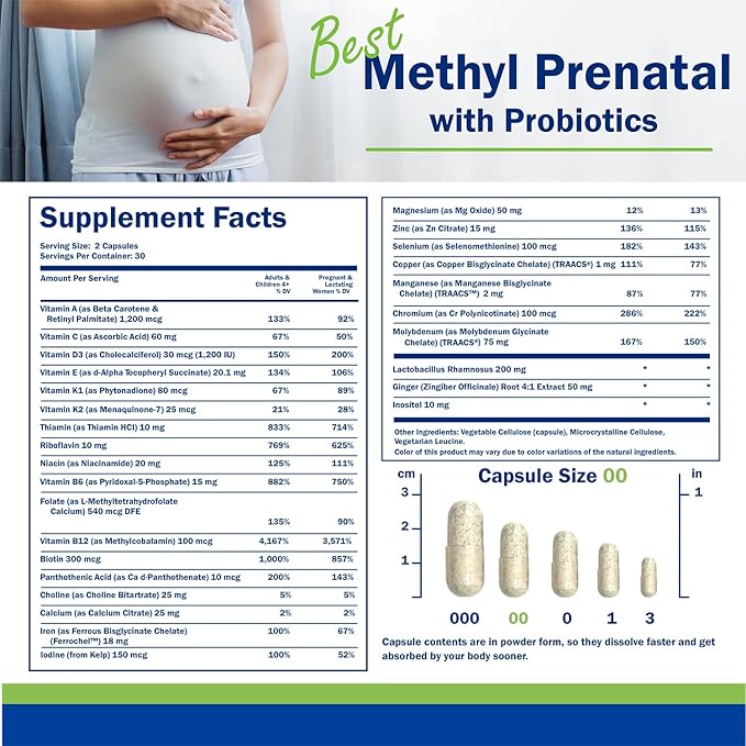 Power By Naturals Prenatal Probiotic Blend Vitamins w/Methylfolate, B12, Iron, Ginger & 27+ Essential Nutrients for Healthy Pregnancy, Prenatal Probiotics for Women, Pregnancy Probiotic, 60 Capsules