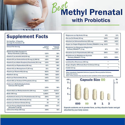 Power By Naturals Prenatal Probiotic Blend Vitamins w/Methylfolate, B12, Iron, Ginger & 27+ Essential Nutrients for Healthy Pregnancy, Prenatal Probiotics for Women, Pregnancy Probiotic, 60 Capsules