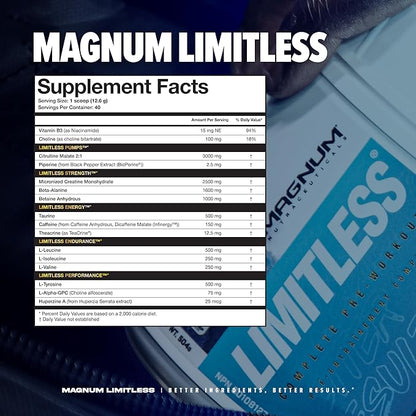 LIMITLESS Magnum 504g - Creatine Monohydrate Pre Workout Powder for Men & Women, Supports Energy, Focus, Endurance, Muscle Recovery & Growth, Beta Alanine, Sugar Free Electrolytes, Fruit Punch Flavor
