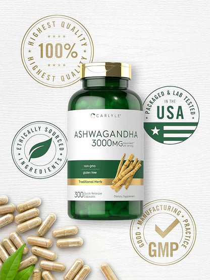 Carlyle Ashwagandha Supplement 3000mg | 300 Capsules | Root Extract for Women and Men | Non-GMO, Gluten Free