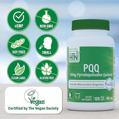 Health Thru Nutrition PQQ 40mg 120 Servings Pyrroloquinoline Quinone as PureQQ | Promotes Mitochondrial Biogenesis | Certified Vegan | Non-GMO Gluten Soy Free Capsules| Clean Label PQQ Supplement