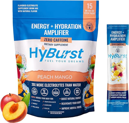 Energy + Hydration Amplifier - Multivitamin Electrolyte Powder Packets with Vitamins D3 K2 & B6 B12 | L-Theanine, Cane Sugar, Caffeine Free Energy Drink Powder | Peach Mango, 15 Pack