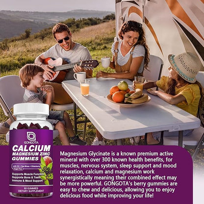 Calcium Magnesium Zinc with Vitamin D3 Supplement, Highly Absorbent Calcium Gummies with 300mg Magnesium glycinate Support Bone & Teeth, Muscle for Adults and Teens,Sugar Free, Vegan - 60 Count
