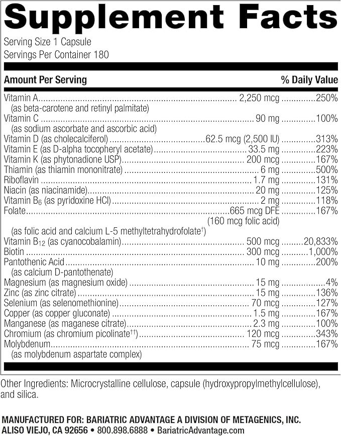 Bariatric Advantage High ADEK Multi - for Bariatric Surgery Patients - Multivitamin with Vitamins A, D, E, K & Trace Minerals - 100%+ DV of ADEK - 180 Capsules