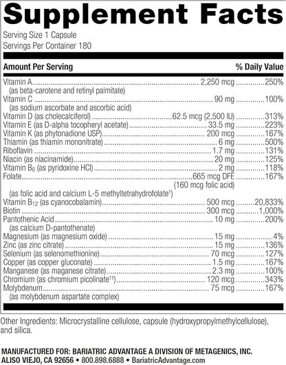 Bariatric Advantage High ADEK Multi - for Bariatric Surgery Patients - Multivitamin with Vitamins A, D, E, K & Trace Minerals - 100%+ DV of ADEK - 180 Capsules