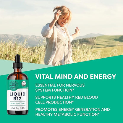 Vimergy Liquid B12 – Fast-Absorbing Brain Support – Energy Support Supplement – USDA Certified Organic, Vegan, Non-GMO – 115 Servings (115 mL)