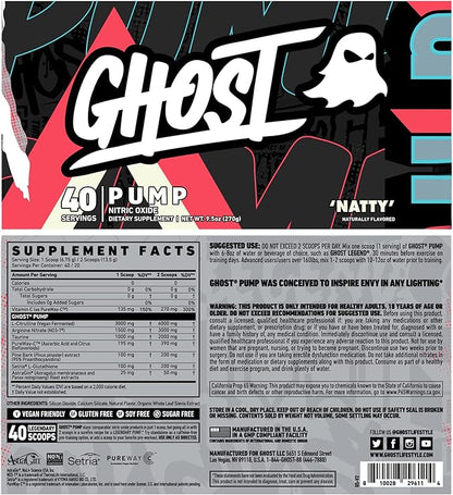 GHOST Pump Nitric Oxide Powder, Natty - 40 Servings - Sugar & Stim-Free Pre-Workout Supplements - L-Citrulline, Arginine Nitrate & L-Glutathione - Soy & Gluten-Free, Vegan