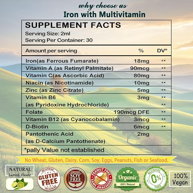 Iron Supplement for Women, Men & Kids, Liquid High Potency Iron w. Vitamin C, B12, B-Complex, Blood Builder Iron Supplement for Anemia, Fatigue, Red Blood Cell Support, Vegan Iron Drops, Gentle
