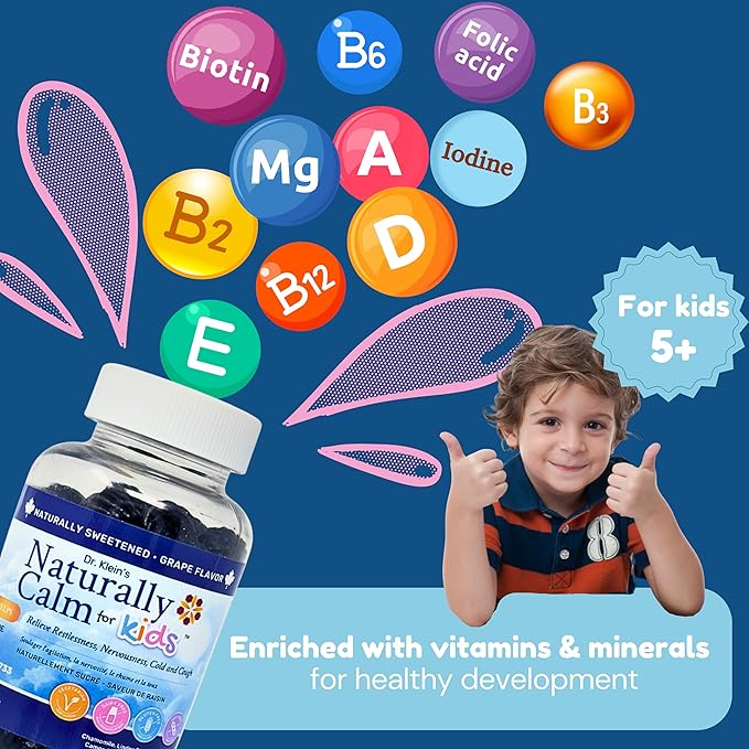 Dr. Klein's Naturally Calm Gummies for Kids - Chamomile, Linden, & Magnesium for Soothing Kids Ages 5+ Vitamins to Aid Sleep - Magnesium Gummies for Kids - Calm Chews for Kids - Grape Sugar-Free 60ct