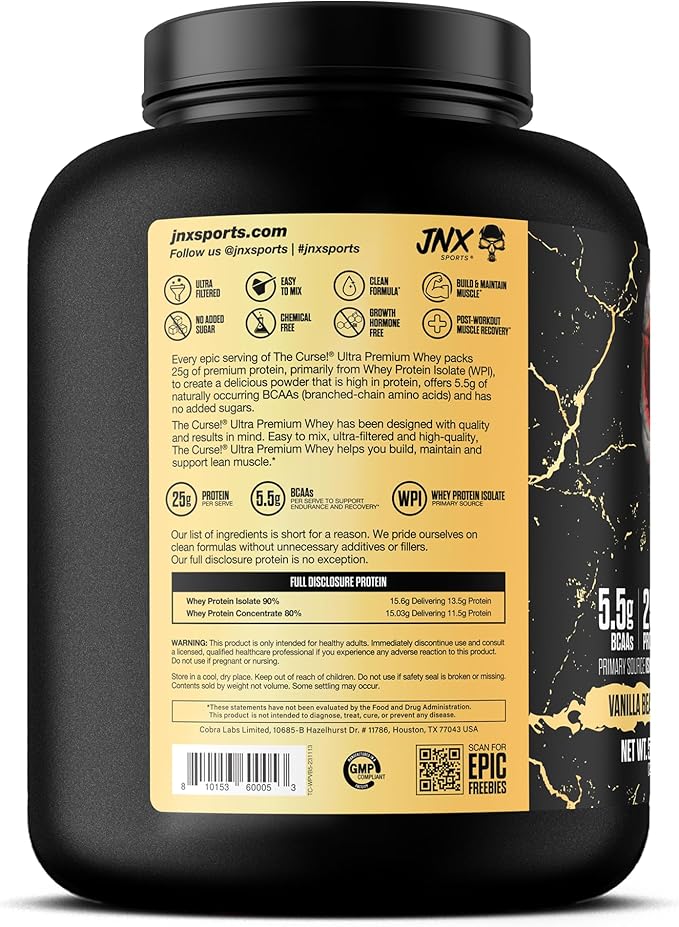 JNX SPORTS The Curse! Ultra Premium Whey Protein Powder Vanilla Bean 5lb | 25g Protein Per Serve, Primary Source Whey Isolate