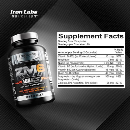 Iron Labs ZM6 - High Strength Zinc and Magnesium Supplement - 180 Vegetarian Capsules (3 Month Supply) - Super Enhanced Zinc Magnesium Aspartate and B6 Complex