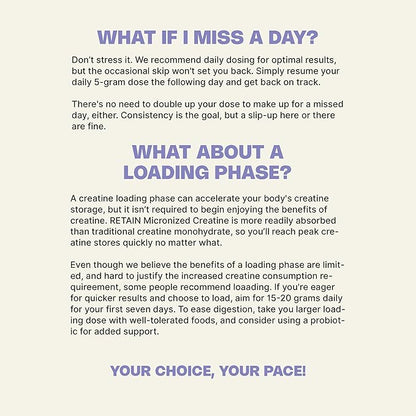 RETAIN Creatine Monohydrate Powder (60 Serv) - 100% Micronized High Absorption Creatine Monohydrate, Lean Muscle Mass & Recovery