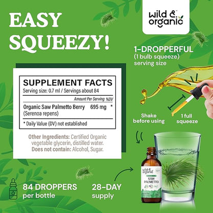 Wild & Organic Saw Palmetto Liquid Drops - Urinary Health w/Saw Palmetto for Men - Alcohol-Free Liquid Saw Palmetto for Urinary Support - Pure Saw Palmetto Supplement - Serenoa Repens - 2 oz