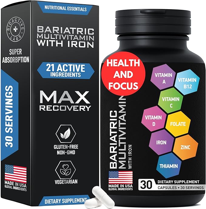 Bariatric Multivitamin with Iron For Women & Men - Post Gastric Bypass Vitamins and Gastric Sleeve Bariatric Iron Vitamin Multivitamins -Non-GMO, Gluten-Free -One a Day, 30 Bariatric Vitamins Capsules