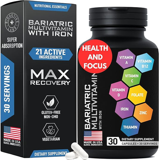 Bariatric Multivitamin with Iron For Women & Men - Post Gastric Bypass Vitamins and Gastric Sleeve Bariatric Iron Vitamin Multivitamins -Non-GMO, Gluten-Free -One a Day, 30 Bariatric Vitamins Capsules