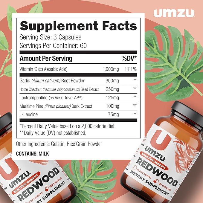UMZU Redwood Blood Flow Nitric Oxide Supplement for Men & Women, Blood Pressure, Circulation, Stamina, Energy (30 Day Supply | 180 Capsules)