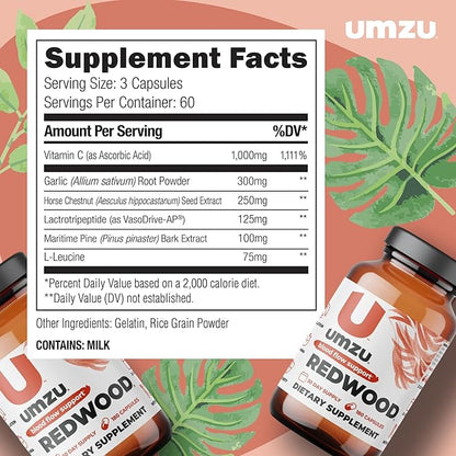 UMZU Redwood Blood Flow Nitric Oxide Supplement for Men & Women, Blood Pressure, Circulation, Stamina, Energy (30 Day Supply | 180 Capsules)