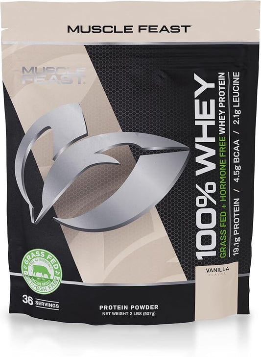 Muscle Feast 100% Grass-Fed Whey Protein, Pastured Raised Hormone Free All Natural, Vanilla, 2lb
