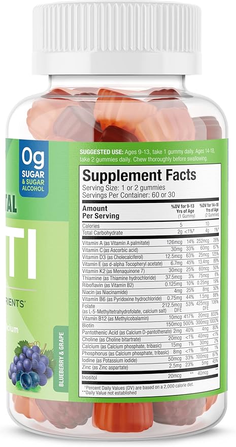Teen Boy Multivitamin – Sugar Free Vegetarian Gummy Supplement for Teen Boys 19 Essential Nutrients Strengthens Bones Muscles Enhances Energy Health – Blueberry Grape Flavor (60 Count)
