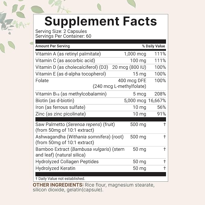 Hair Growth Vitamins Complex, 120 Capsules | 14-in-1 Formula with 5,000mcg Biotin, Collagen, Keratin, Vitamin C, Saw Palmetto & More | Vitaminas Para El Cabello | Promotes Natural Growth & Thickness