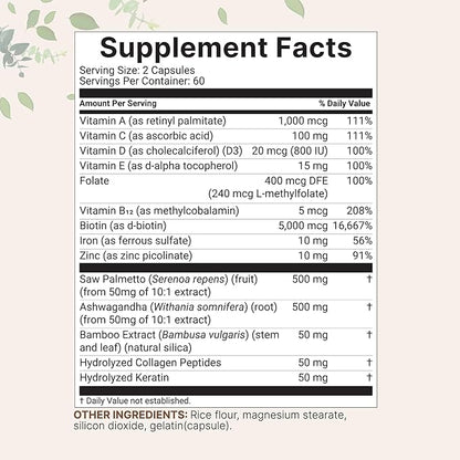 Hair Growth Vitamins Complex, 120 Capsules | 14-in-1 Formula with 5,000mcg Biotin, Collagen, Keratin, Vitamin C, Saw Palmetto & More | Vitaminas Para El Cabello | Promotes Natural Growth & Thickness