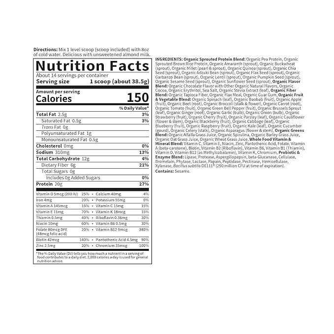 Garden of Life Meal Replacement Shakes, Vegan Protein Powder, Raw Organic Protein Powder, Chocolate Protein Powder with Plant Based Pea Protein, Sprouts, Greens, Probiotics, Dairy Free 14 Servings