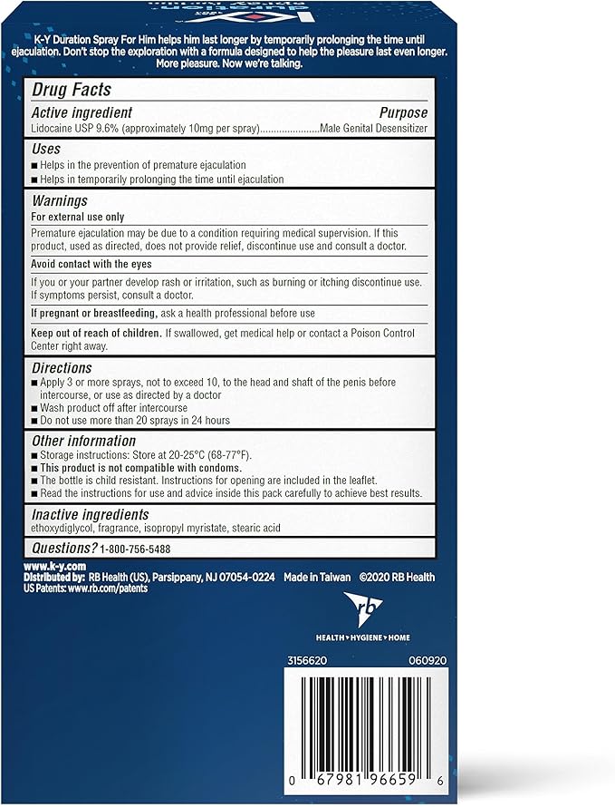 K-Y Duration Delay Spray, Numbing Climax Spray for Men & Lidocaine Desensitizing Spray, Climax Control, Sex Accessories for Adults Couples, Last Longer In Bed, 0.16 FL OZ (36 Sprays)