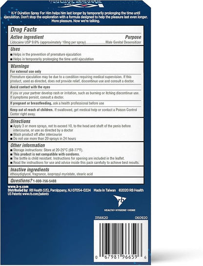K-Y Duration Delay Spray, Numbing Climax Spray for Men & Lidocaine Desensitizing Spray, Climax Control, Sex Accessories for Adults Couples, Last Longer In Bed, 0.16 FL OZ (36 Sprays)