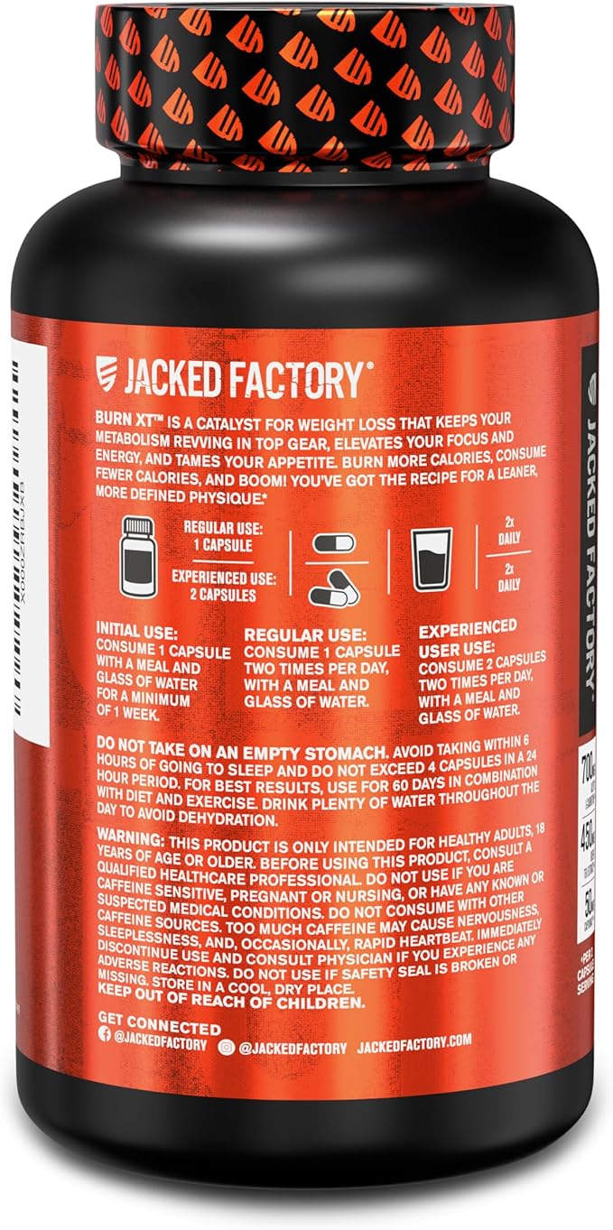 Jacked Factory Burn-XT Clinically Studied Fat Burner & Weight Loss Supplement - Appetite Suppressant & Energy Booster - with Acetyl L-Carnitine, Green Tea Extract and More - 60 Natural Diet Pills