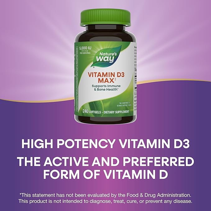 Nature's Way Vitamin D3 Max**, High Potency Vitamin D3, Supports Healthy Bones and Teeth*, Supports Immune Health*, 5000 IU (125 mcg) per Serving, 240 Softgels (Packaging May Vary)