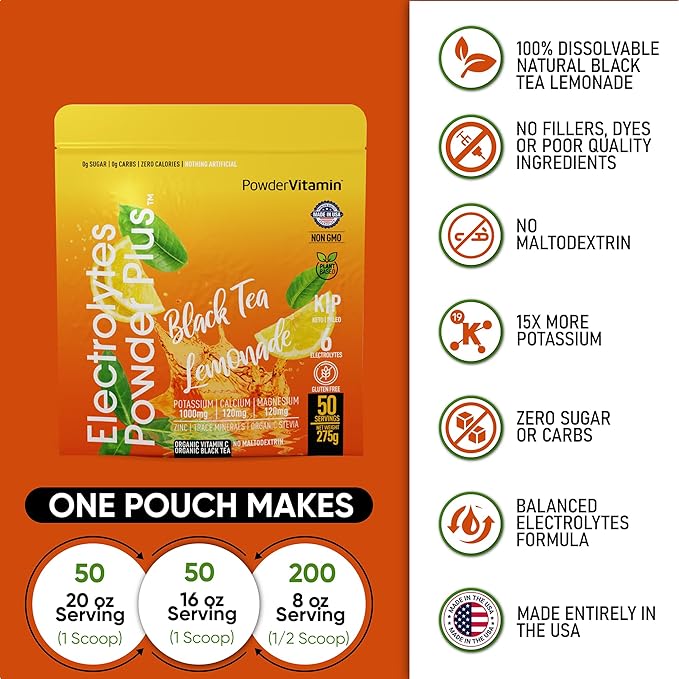 Electrolytes Powder Plus (50 Servings) Black Tea Lemonade Electrolyte Powder Zero Calorie Keto,0 Sugar, No Maltodextrin,1000mg Potassium,120mg Calcium,120mg Magnesium, Hydration Powder