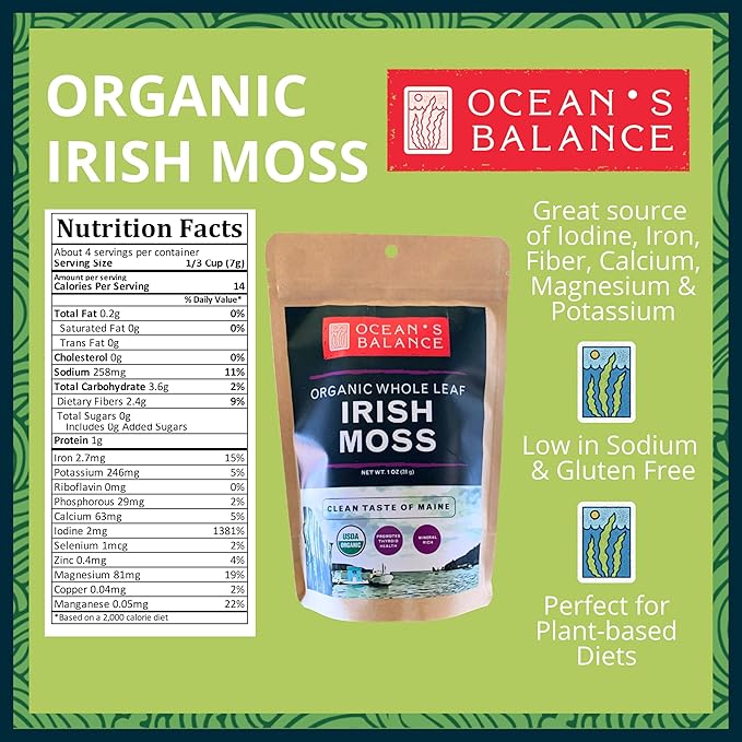 Ocean’s Balance Whole Leaf Irish Sea Moss Organic - Organic Sea Moss - Perfect for Keto Diet, Paleo Diet, Vegetarian, or Vegan Diet – Gluten Free, Mineral Rich – 1 oz Bag
