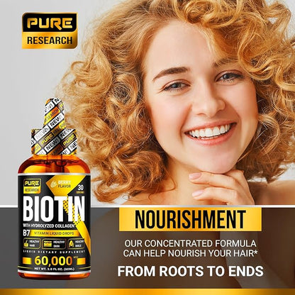 PURE RESEARCH Liquid Biotin & Collagen Hair Growth Drops 60,000mcg - Biotin and Liquid Collagen Supplement for Men & Women - Glowing Skin Support, Healthy Hair & Nail Growth - 2oz