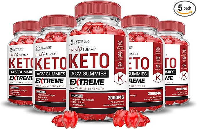 (5 Pack) Trim Tummy Keto ACV Gummies Extreme 2000MG Trim Tummy Keto Gummies Apple Cider Vinegar Formulated with Pomegranate Beet Juice Powder B12 Vegan Non GMO 300 Gummys