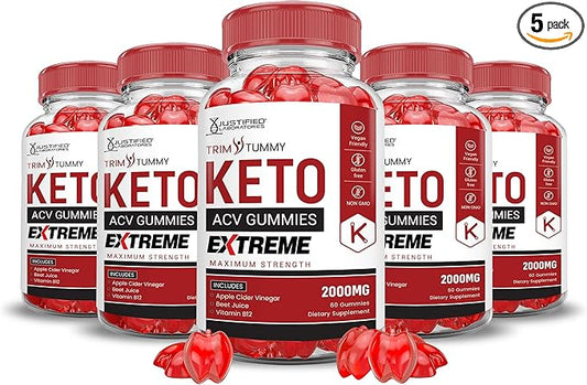 (5 Pack) Trim Tummy Keto ACV Gummies Extreme 2000MG Trim Tummy Keto Gummies Apple Cider Vinegar Formulated with Pomegranate Beet Juice Powder B12 Vegan Non GMO 300 Gummys