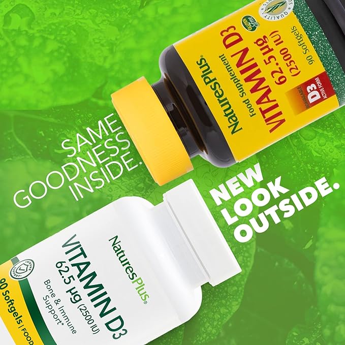 Natures Plus Vitamin D3 (Cholecalciferol) - 2500 iu, 90 Softgels - Bone Health, Heart Health & Immune System Support Supplement, Bioavailable Active Form - Gluten-Free - 90 Servings