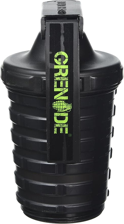 Grenade Shaker Bottle | Protein Cup with Storage Compartment | Leak Proof Strainer Included | BPA Free Sports Bottle | Pill Slots | Black, 20oz