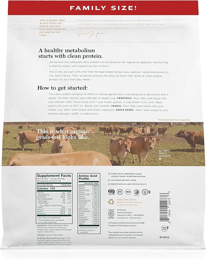 Natural Force Grass Fed Organic Whey Protein Powder – Non GMO Verified, Humane Certified & Lab Tested for Toxins – Real Vanilla Flavor – Keto Friendly, Low Carb, and Kosher – 5 Pound A2 Protein