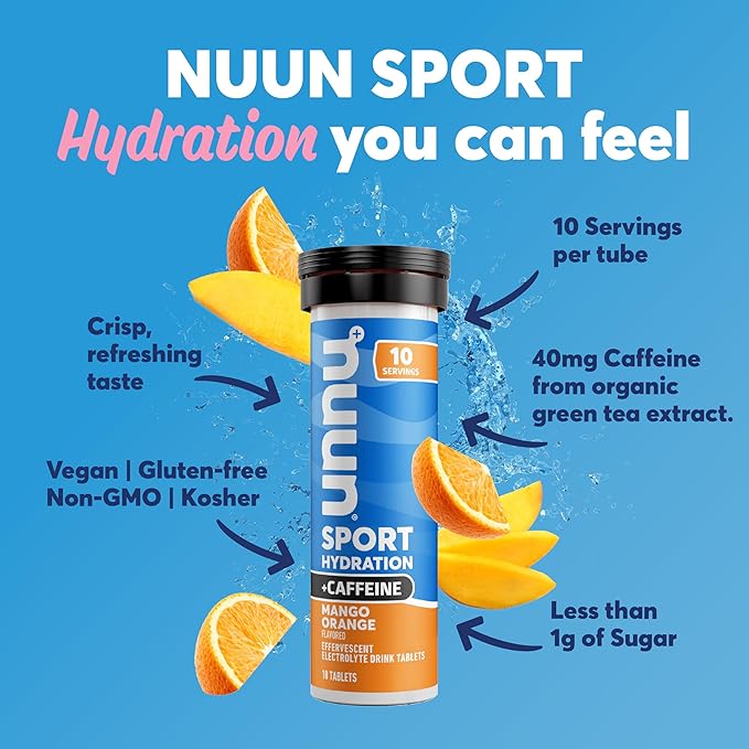 Nuun Sport + Caffeine Electrolyte Tablets - Dissolvable in Water, Mango Orange Flavor, 5 Essential Electrolytes for Hydration, 1g Sugar Drink Mix, Vegan, Non-GMO, 8 Pack (80 Total Servings)