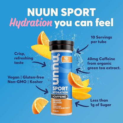 Nuun Sport + Caffeine Electrolyte Tablets - Dissolvable in Water, Mango Orange Flavor, 5 Essential Electrolytes for Hydration, 1g Sugar Drink Mix, Vegan, Non-GMO, 8 Pack (80 Total Servings)