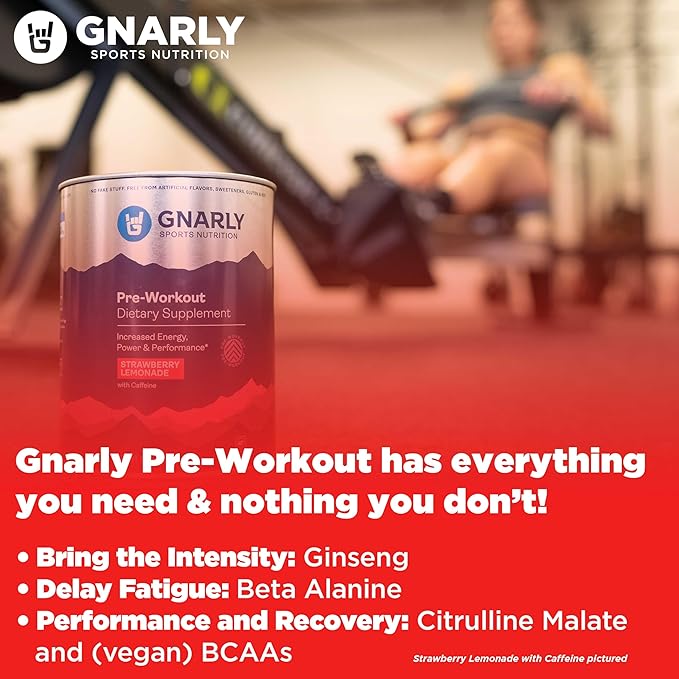 Gnarly Nutrition Natural Pre-Workout Powder - Caffeine Free Pre Workout, NSF Contents Certified, Endurance & Recovery, Sports Nutrition Wellness, -Strawberry Lemonade, 14.82oz