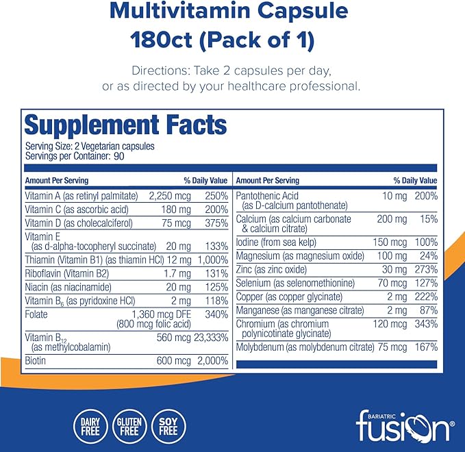 Bariatric Fusion Bariatric Multivitamin Without Iron | Post Bariatric Surgery Patients | Iron Free Bariatric Vitamin for Gastric Bypass and Sleeve Gastrectomy | 180 Capsules | 3 Month Supply