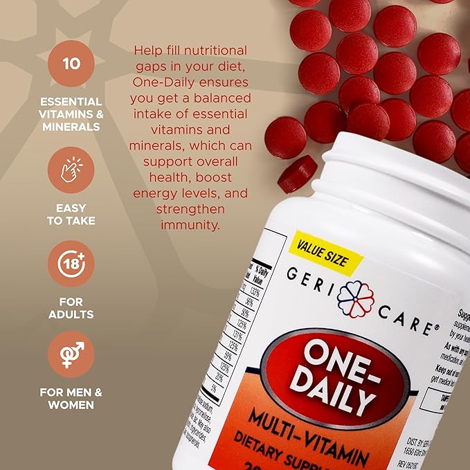 One-Daily Multi-Vitamin Tablet, 200 Count by GeriCare| Adult Multivitamin Supplement for Men & Women | Easy-to-Take Dietary Supplement with Vitamins A, C, D3, B, Calcium| Vitamin & Mineral Complex