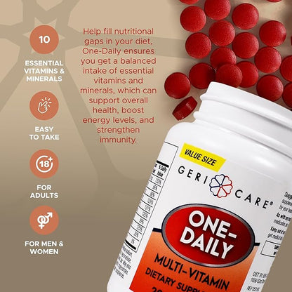 One-Daily Multi-Vitamin Tablet, 200 Count by GeriCare| Adult Multivitamin Supplement for Men & Women | Easy-to-Take Dietary Supplement with Vitamins A, C, D3, B, Calcium| Vitamin & Mineral Complex